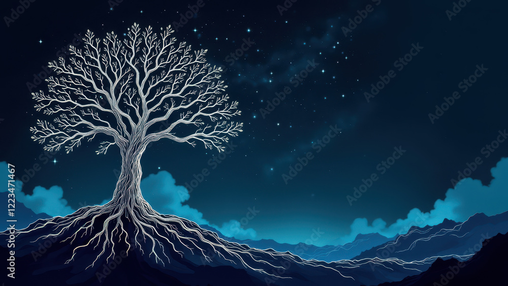 Poster A serene night scene with a technologically enhanced tree as the focal point.