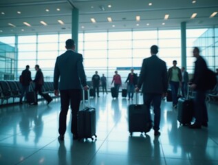 Business travelers walking in airport terminal pulling suitcases