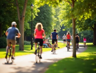 Cyclists and families enjoying a sunny afternoon in the park