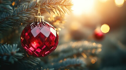 Red Ornament Hanging Outdoor Christmas Tree Sunset