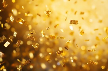 Golden confetti falling on a blurred golden background.Holiday concept