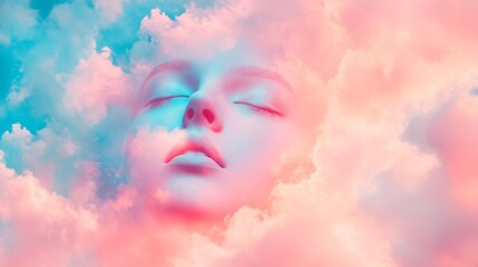 Naklejka premium Serene Face Emerging from Pastel Clouds: A Dreamlike Artwork