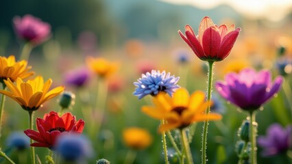 Macro photography of colorful tulips with dewdrops in a sunlit field	