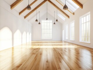 A large room with a lot of windows and wooden floors. The room is empty and has a lot of light
