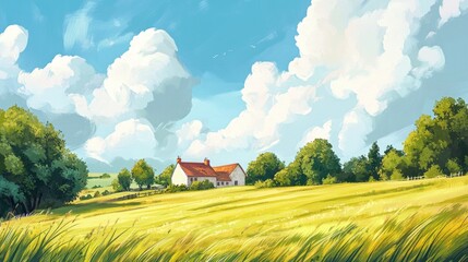 Idyllic Farmhouse nestled in a sunlit golden field