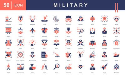 Icon set representing Military Operations, including surveillance, strategy, reconnaissance, special forces, defense, combat, training, and equipment. Perfect for defense and tactical projects. © Mia