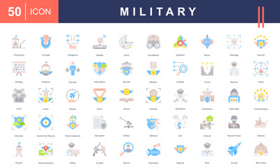 Icon set representing Military Operations, including surveillance, strategy, reconnaissance, special forces, defense, combat, training, and equipment. Perfect for defense and tactical projects.