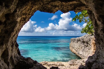 View of turquoise ocean and rocky coast through natural stone arch on sunny day