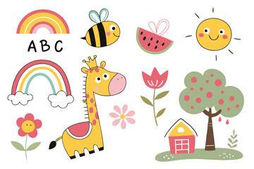 Colorful children's drawings, whimsical doodles, cute animals, giraffe, hippopotamus, bee, fish, cheerful icons, flowers, sun, rainbow, ABC letters, simple math equation, watermelon slice, tree, house