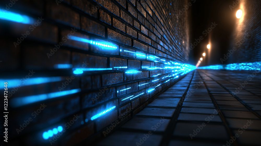Poster a high-tech interpretation of a firewall: bricks interspersed with glowing blue lights and holograph