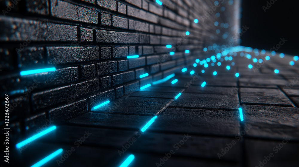 Poster a high-tech interpretation of a firewall: bricks interspersed with glowing blue lights and holograph