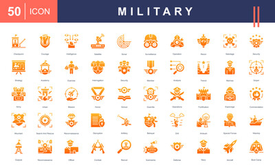 Icon set representing Military Operations, including surveillance, strategy, reconnaissance, special forces, defense, combat, training, and equipment. Perfect for defense and tactical projects.