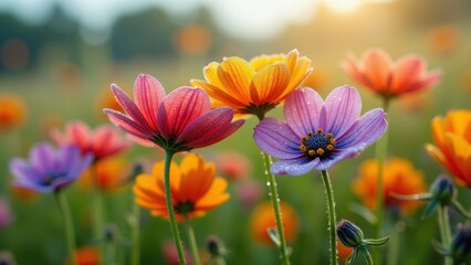 Macro photography of colorful tulips with dewdrops in a sunlit field	