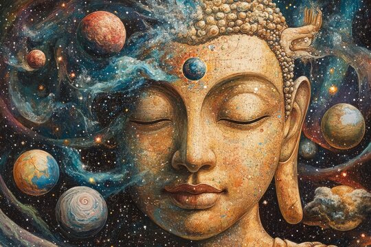 Serene buddha face meditating with closed eyes, surrounded by planets, stars, and cosmic nebulae, conveying spirituality and universal connection