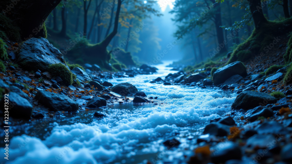Poster a digital rendering of a river running through a forest at night. technology-inspired artwork.