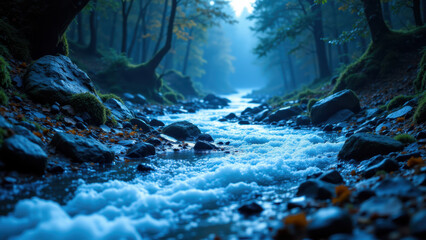 A digital rendering of a river running through a forest at night. Technology-inspired artwork.