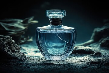 A glass perfume bottle underwater on a sandy seabed with soft light reflections.