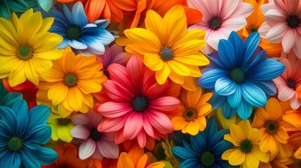 A bouquet of flowers with a variety of colors including yellow, pink, blue