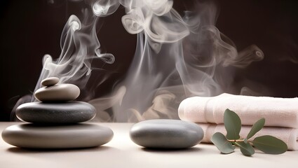 smoky spa background with smooth stones, soft towels, and eucalyptus sprig for use in wellness and relaxation campaigns