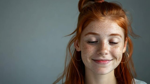 Portrait of a red-haired young girl with freckles on a gray background