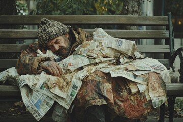 Homeless man resting on a park bench under newspapers