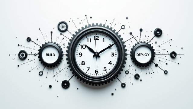 A clock with gears and cogs surrounding its face, symbolizing time and technology blending together.