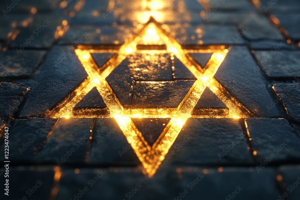 Poster glowing star of david embedded in cobblestone pavement
