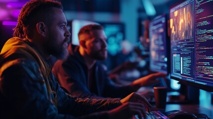 A diverse team of developers, man collaborating on futuristic technology projects, digital screens displaying holograms and coding. The innovation, teamwork, technological advancements, tech business