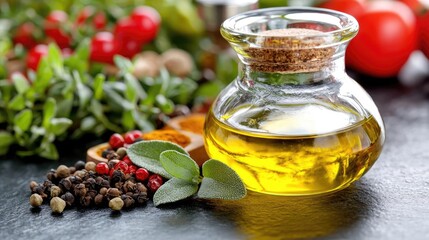 Olive oil, herbs, and spices on dark surface.  Food photography for recipe websites or cookbooks