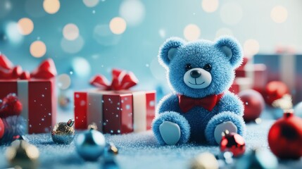 Blue teddy bear with red bowtie amidst gift boxes and festive ornaments