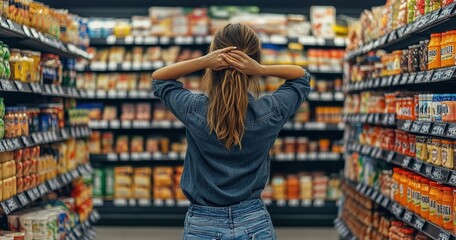 A woman is standing in front of the grocery store shelves, looking at various food items on display and trying to choose what she wants from them.