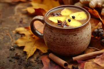 A warm and spicy ginger chai tea with cinnamon and cloves, served in a rustic mug, surrounded by autumn leaves.