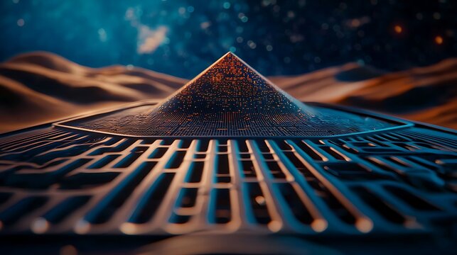 Futuristic pyramid chip desert landscape; sci-fi tech
