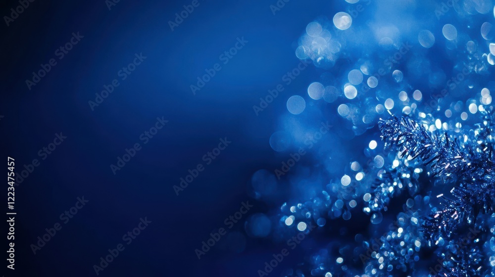 Poster abstract blue bokeh and christmas tree branch with sparkling lights
