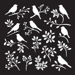 Collection of Bird Silhouettes in Various Poses with Branches and Leaves – Elegant Minimalist birds silhouette Design
