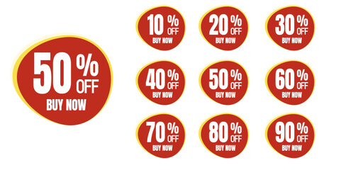 Different percent discount sticker discount price tag set. Red round shape promote buy now with sell off up to 20, 30, 40, 50,  percent vector illustration isolated on white.