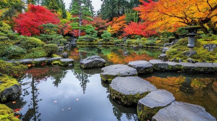Autumnal Japanese Garden Pond Stone Stepping Stones