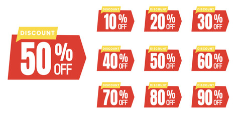 Set of discount labels, 10%, 20%, 30%, 40%, 50%, 60%, 70%, 80%, 90%, Discount. Sale tags set vector