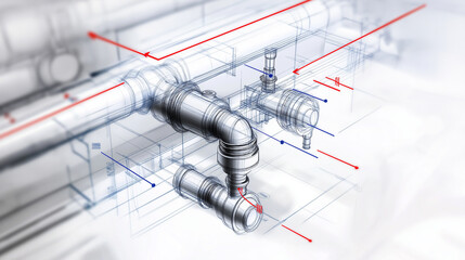 A schematic sketch of a plumbing system in a building layout, featuring labeled valves and pipelines with flow arrows and technical annotations.