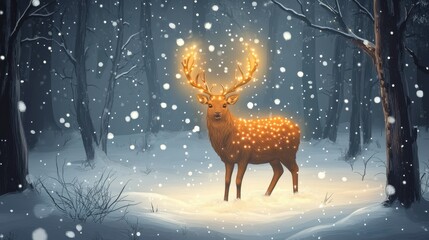 Enchanting glowing deer in snowy forest at night with magical atmosphere