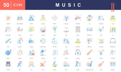 Icon set celebrating Music, featuring instruments, genres, performers, recording, concerts, sound engineering, and harmony. Perfect for creative, educational, and entertainment projects.