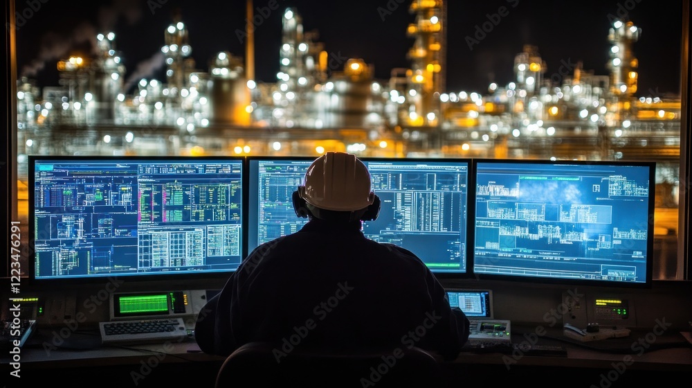 Poster nighttime refinery control room operator monitoring systems