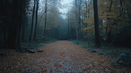 Fototapeta premium Autumnal Forest Path Leading to Distant Light