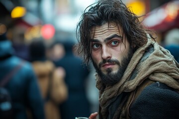 Fototapeta premium Bearded man in casual attire walking through a busy city market