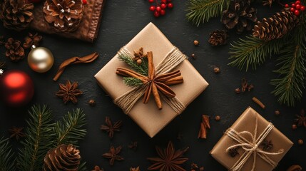 Christmas gift boxes with pine cones and natural ornaments on dark background