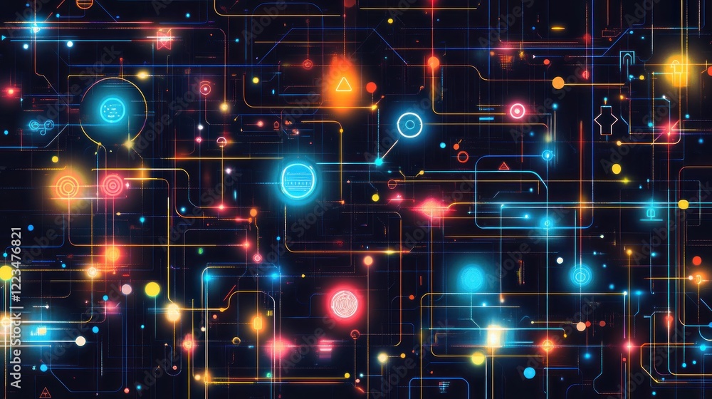 Poster abstract neon circuit board digital network design