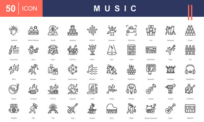 Icon set celebrating Music, featuring instruments, genres, performers, recording, concerts, sound engineering, and harmony. Perfect for creative, educational, and entertainment projects.