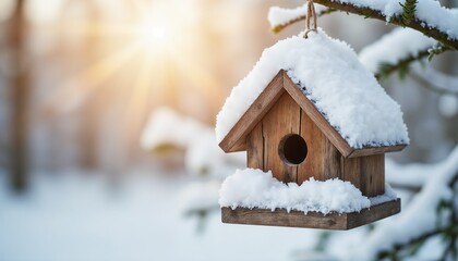 Snow-covered wooden birdhouse hanging on tree branch with sunlight in winter landscape
