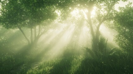 Obraz premium Sunlit Mist Shrouds Lush Green Forest Path