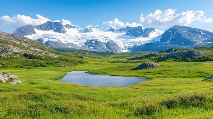 Obraz premium Mountain lake, glacier backdrop, sunny meadow, Alaskan landscape, travel postcard